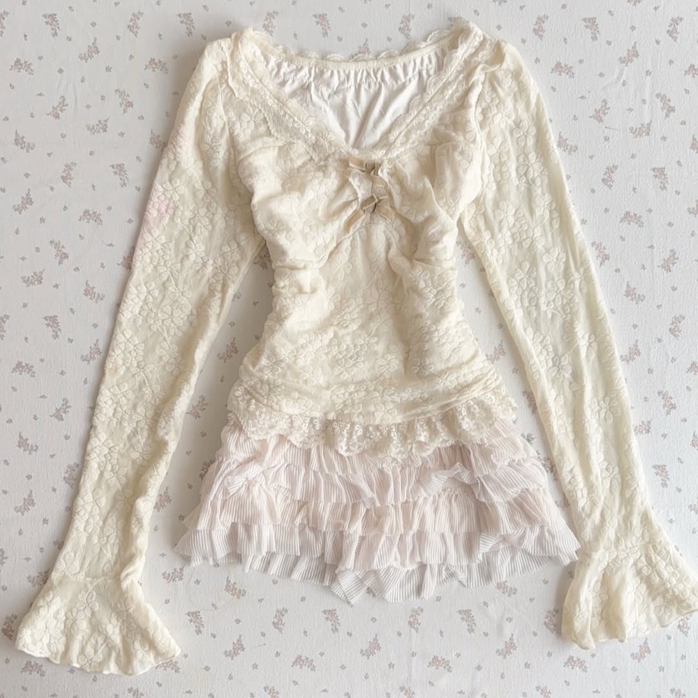 Cream Lace Long Sleeve Peplum Top
